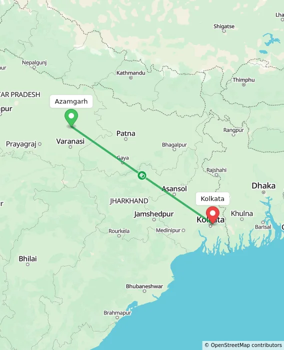 Route map showing distance and travel time from Azamgarh, India to Kolkata, India