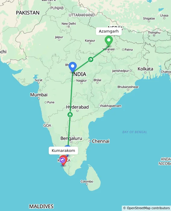 Route map showing distance and travel time from Azamgarh, India to Kumarakom, India