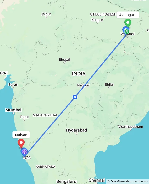 Route map showing distance and travel time from Azamgarh, India to Malvan, India
