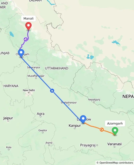 Route map showing distance and travel time from Azamgarh, India to Manali, India