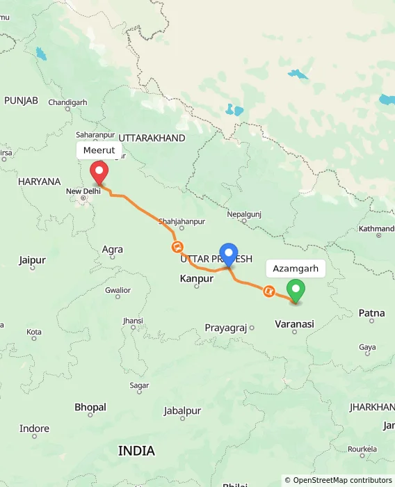 Route map showing distance and travel time from Azamgarh, India to Meerut, India