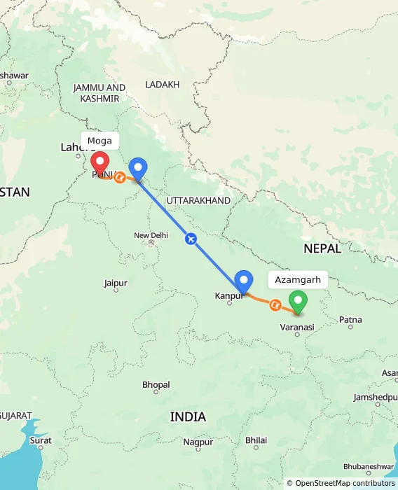 Route map showing distance and travel time from Azamgarh, India to Moga, India