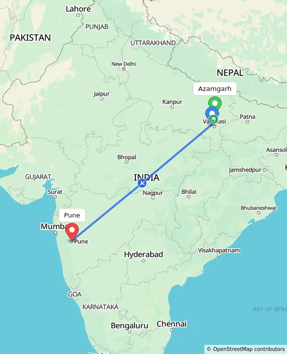 Route map showing distance and travel time from Azamgarh, India to Pune, India