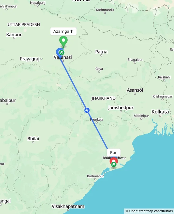 Route map showing distance and travel time from Azamgarh, India to Puri, India