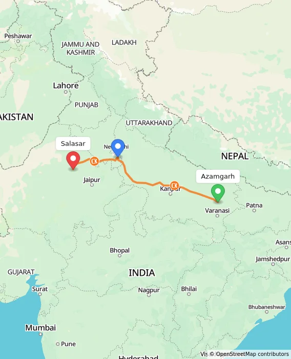 Route map showing distance and travel time from Azamgarh, India to Salasar, India