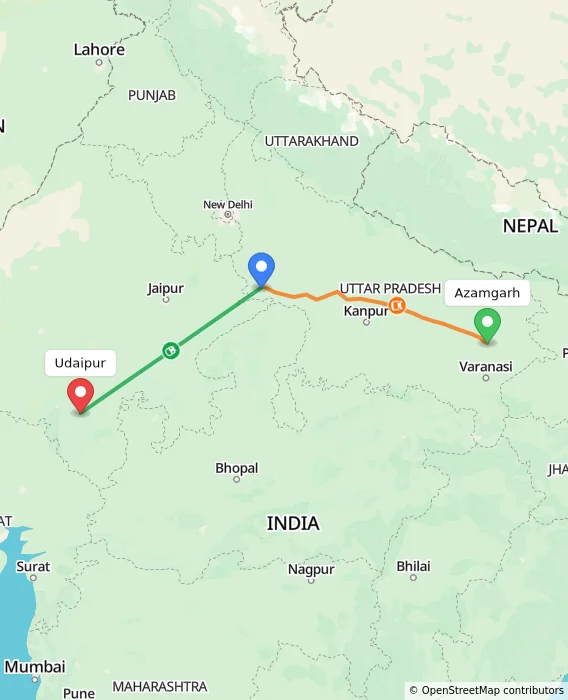 Route map showing distance and travel time from Azamgarh, India to Udaipur, India