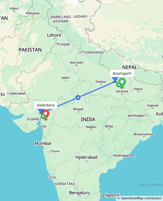 Route map showing distance and travel time from Azamgarh, India to Vadodara, India