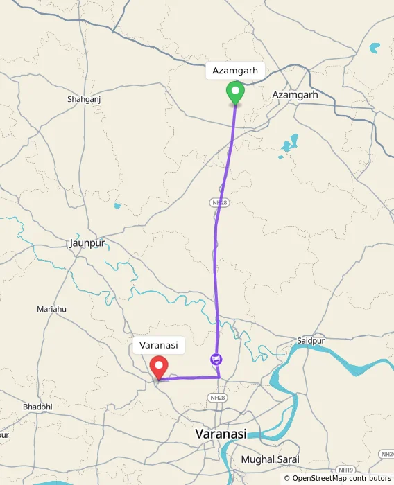 Route map showing distance and travel time from Azamgarh, India to Varanasi, India