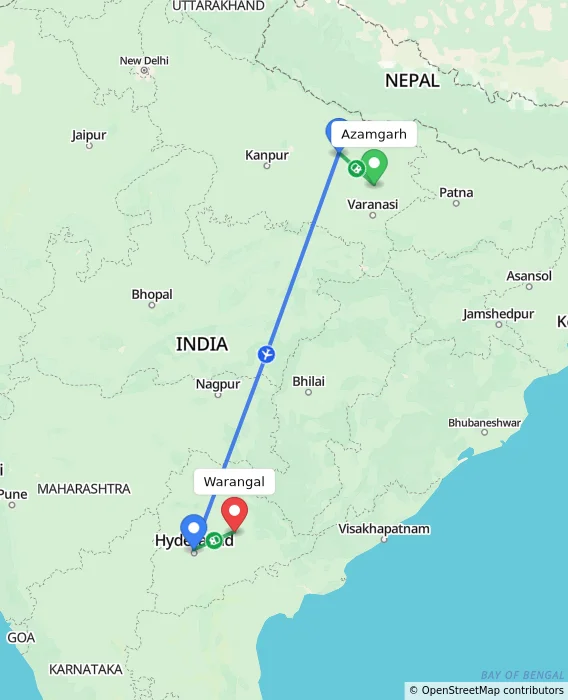 Route map showing distance and travel time from Azamgarh, India to Warangal, India