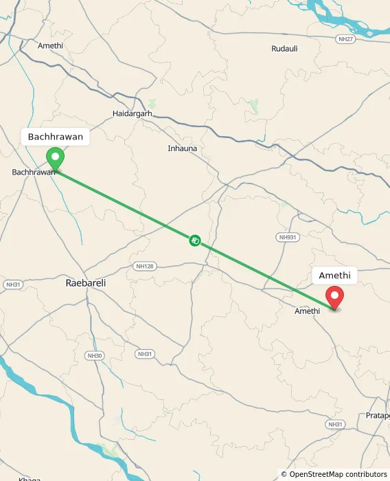 Route map showing distance and travel time from Bachhrawan, India to Amethi, India