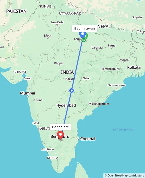 Route map showing distance and travel time from Bachhrawan, India to Bangalore, India