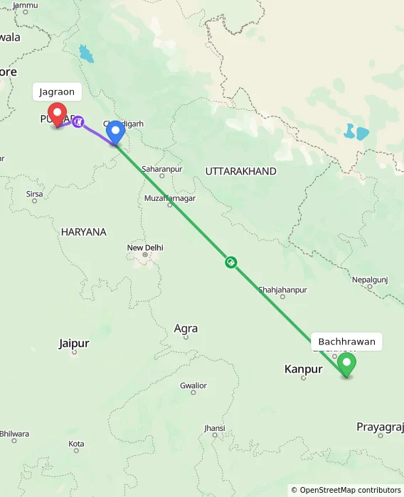 Route map showing distance and travel time from Bachhrawan, India to Jagraon, India