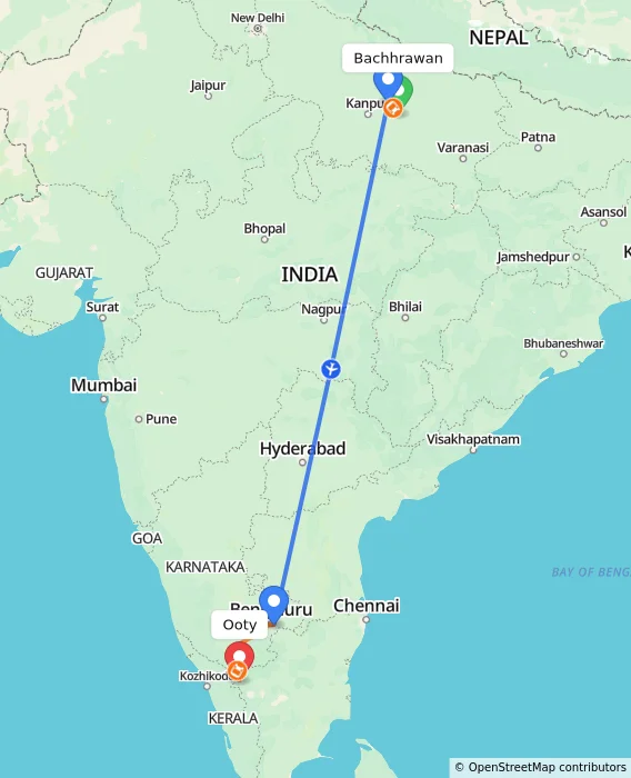 Route map showing distance and travel time from Bachhrawan, India to Ooty, India