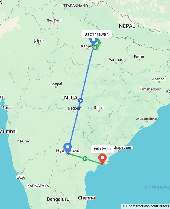 Route map showing distance and travel time from Bachhrawan, India to Palakollu, India