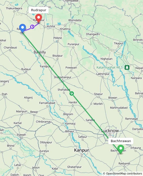 Route map showing distance and travel time from Bachhrawan, India to Rudrapur, India