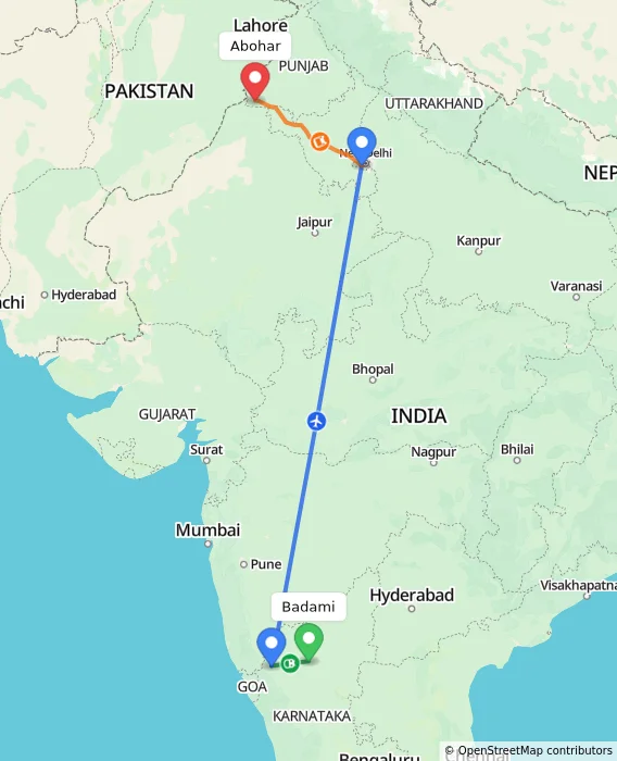 Route map showing distance and travel time from Badami, India to Abohar, India