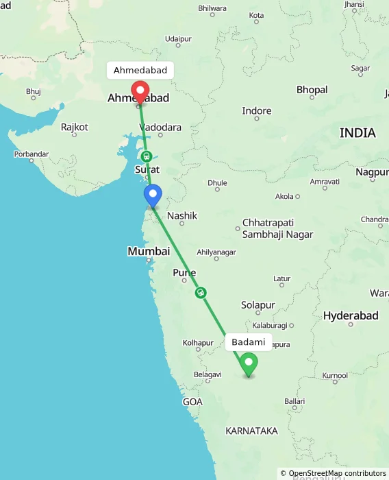 Route map showing distance and travel time from Badami, India to Ahmedabad, India