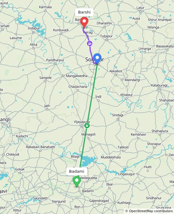 Route map showing distance and travel time from Badami, India to Barshi, India
