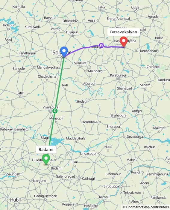Route map showing distance and travel time from Badami, India to Basavakalyan, India