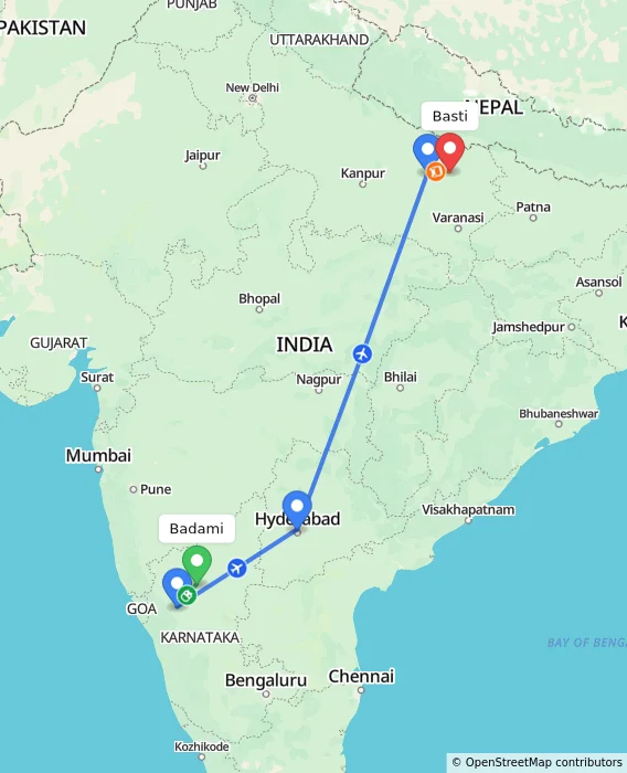 Route map showing distance and travel time from Badami, India to Basti, India