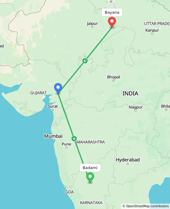 Route map showing distance and travel time from Badami, India to Bayana, India