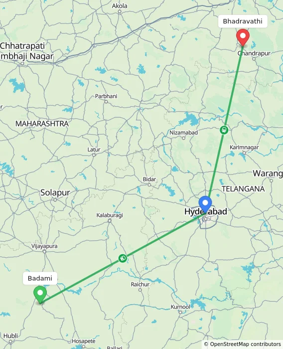 Route map showing distance and travel time from Badami, India to Bhadravathi, India