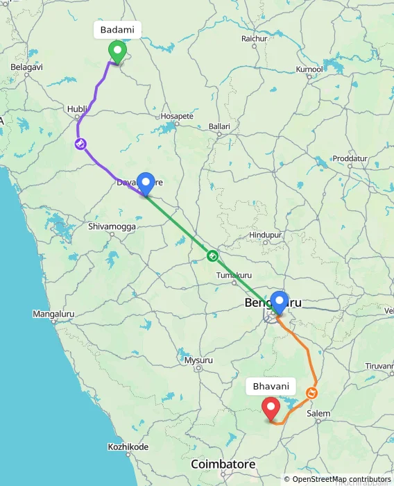 Route map showing distance and travel time from Badami, India to Bhavani, India