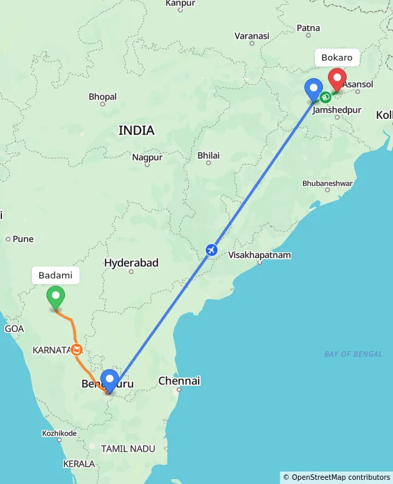 Route map showing distance and travel time from Badami, India to Bokaro, India