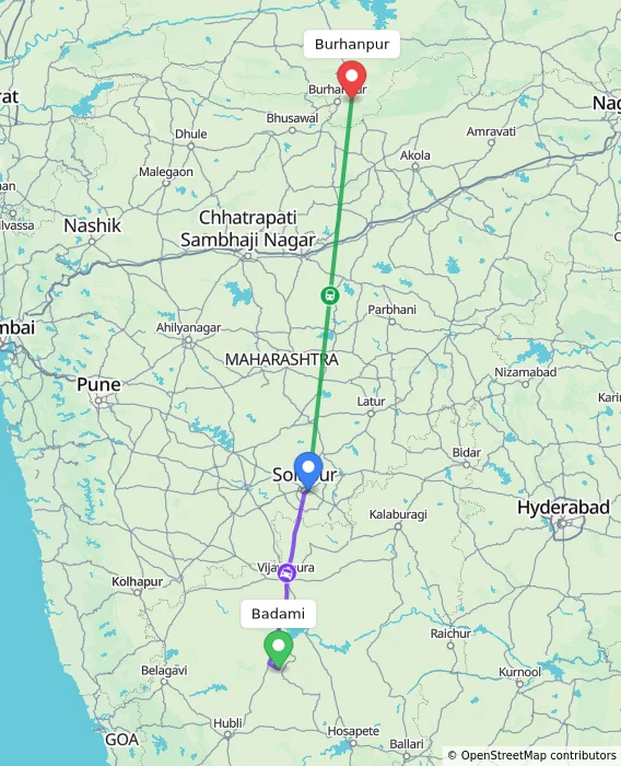 Route map showing distance and travel time from Badami, India to Burhanpur, India