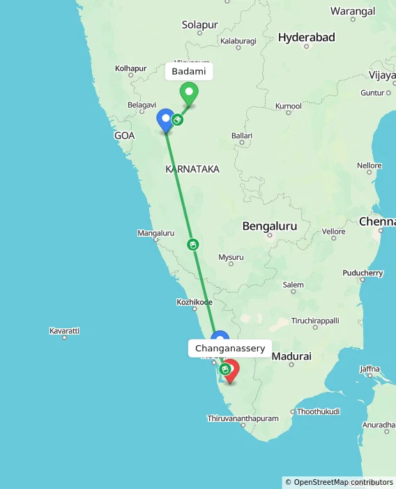 Route map showing distance and travel time from Badami, India to Changanassery, India