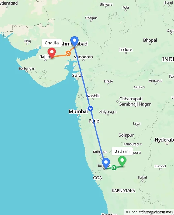 Route map showing distance and travel time from Badami, India to Chotila, India