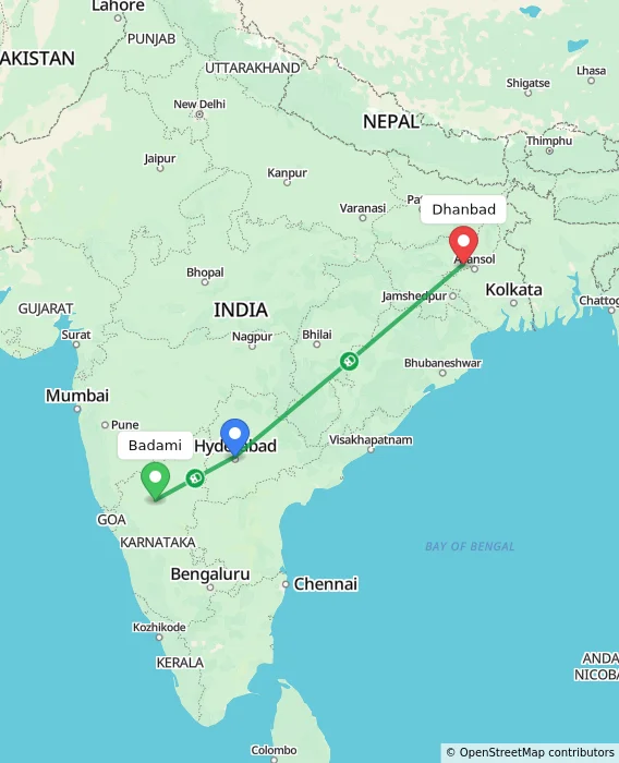 Route map showing distance and travel time from Badami, India to Dhanbad, India
