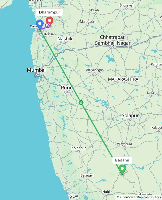 Route map showing distance and travel time from Badami, India to Dharampur, India
