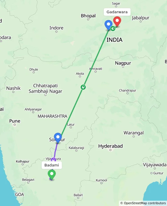 Route map showing distance and travel time from Badami, India to Gadarwara, India