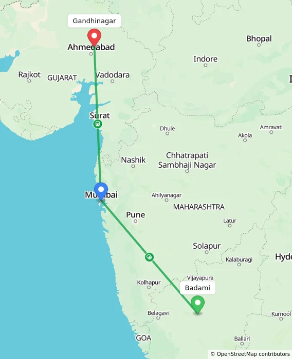 Route map showing distance and travel time from Badami, India to Gandhinagar, India