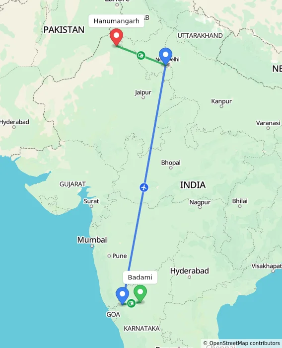 Route map showing distance and travel time from Badami, India to Hanumangarh, India