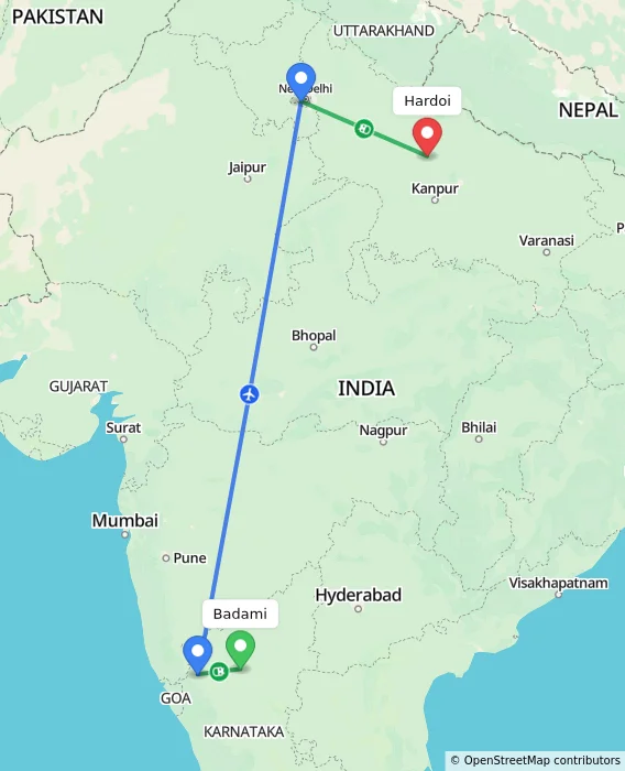 Route map showing distance and travel time from Badami, India to Hardoi, India