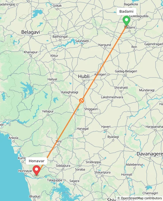 Route map showing distance and travel time from Badami, India to Honavar, India