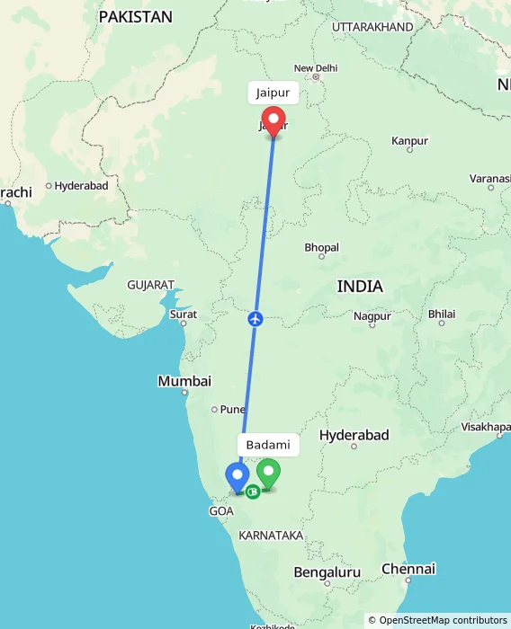 Route map showing distance and travel time from Badami, India to Jaipur, India