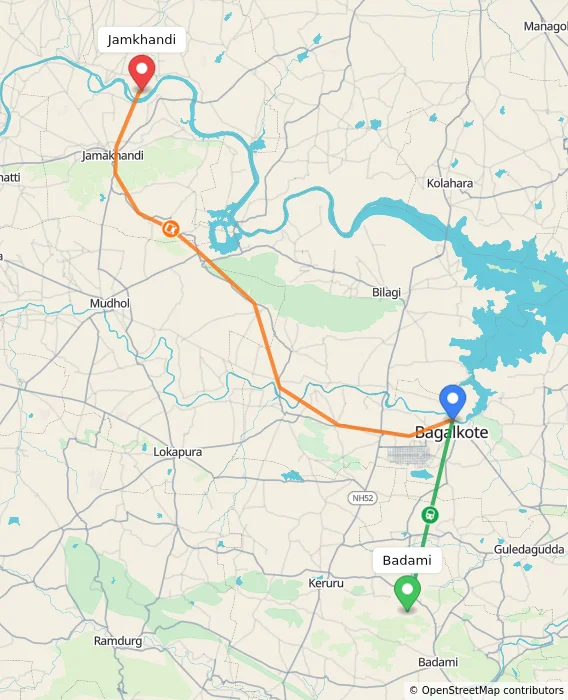 Route map showing distance and travel time from Badami, India to Jamkhandi, India