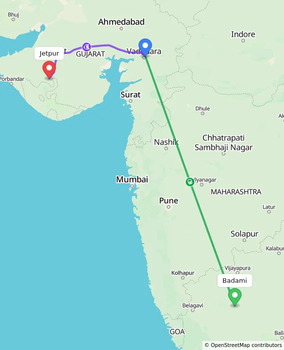 Route map showing distance and travel time from Badami, India to Jetpur, India