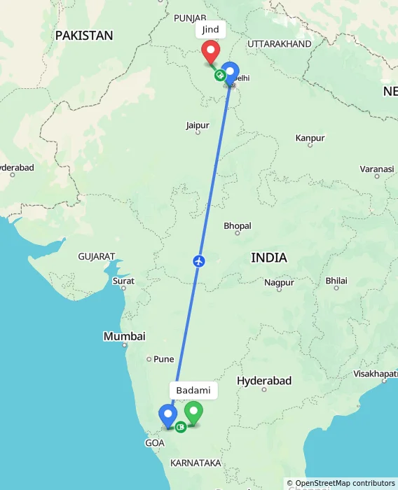 Route map showing distance and travel time from Badami, India to Jind, India