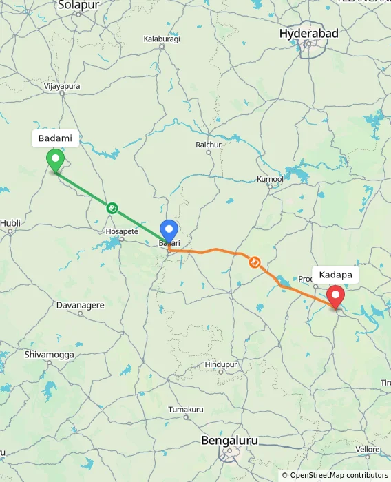 Route map showing distance and travel time from Badami, India to Kadapa, India