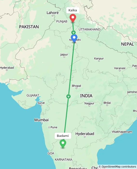 Route map showing distance and travel time from Badami, India to Kalka, India