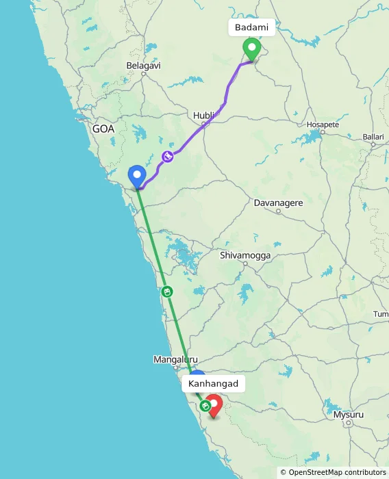 Route map showing distance and travel time from Badami, India to Kanhangad, India