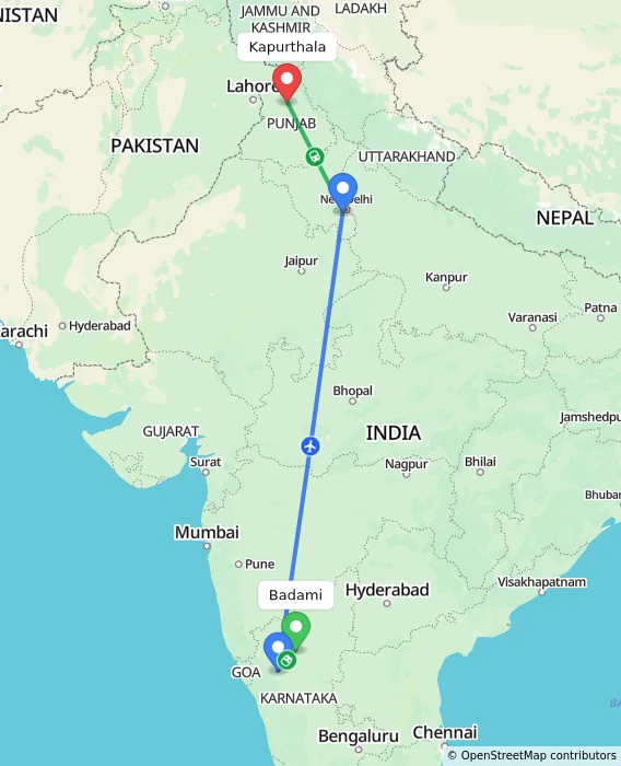 Route map showing distance and travel time from Badami, India to Kapurthala, India