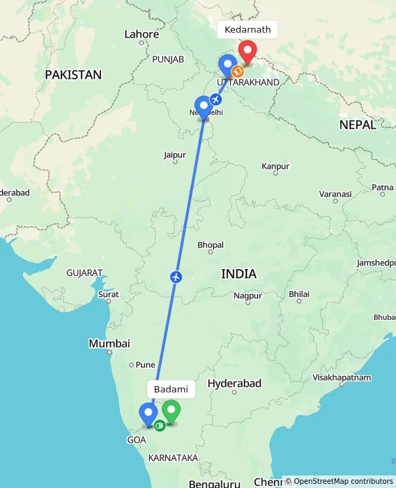 Route map showing distance and travel time from Badami, India to Kedarnath, India