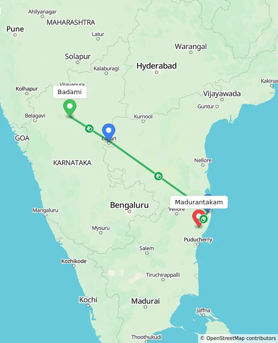 Route map showing distance and travel time from Badami, India to Madurantakam, India