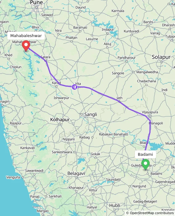 Route map showing distance and travel time from Badami, India to Mahabaleshwar, India