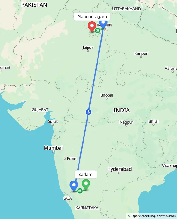 Route map showing distance and travel time from Badami, India to Mahendragarh, India